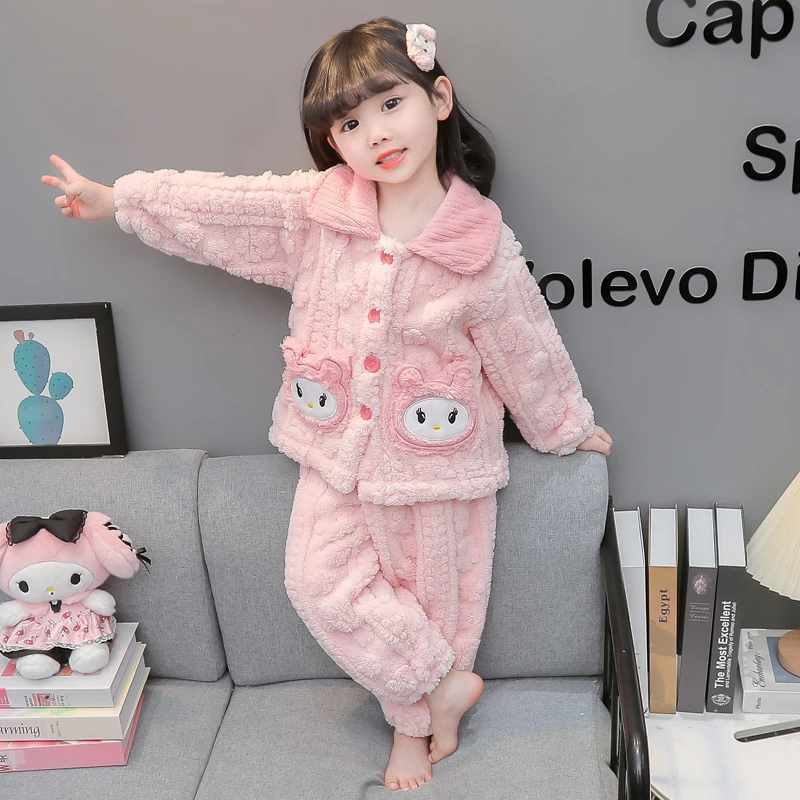儿童睡衣女孩秋冬季法兰绒宝宝开衫套装冬款加厚女童珊瑚绒家居服