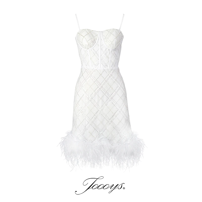 JOOOYS 格子亮片钉珠羽毛吊带连衣裙 MJ-122521