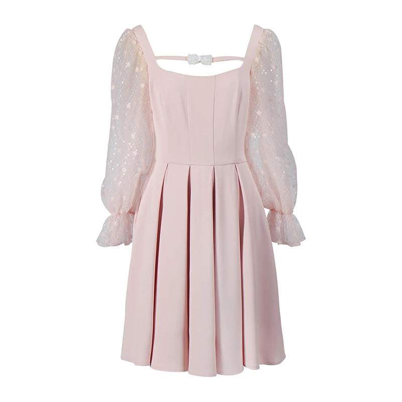 JOOOYS水晶蝴蝶结粉色灯笼袖名媛连衣裙MJ-122414