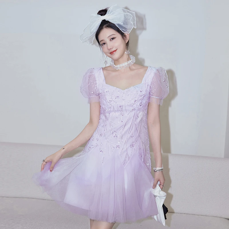 JOOOYS 紫色法式方领泡泡袖拼接纱裙高端气质生日连衣裙MJ-122292