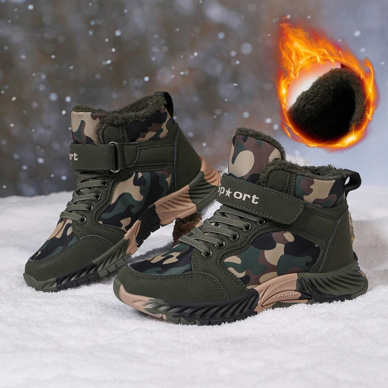 途力男童棉鞋儿童军训迷彩鞋秋冬高帮运动鞋中大童软底防滑马丁靴