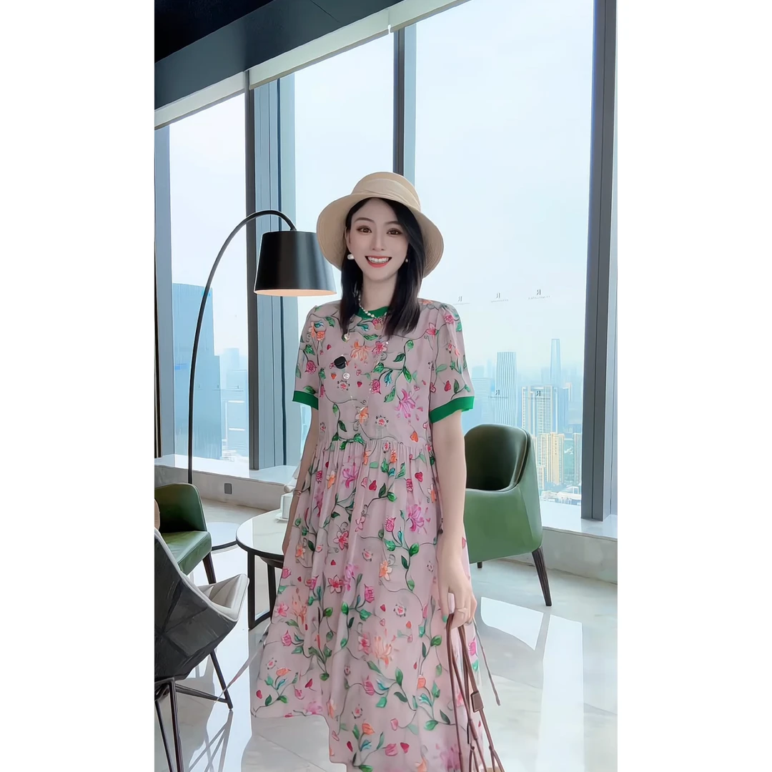【深圳米熙儿】半夏花海—桑蚕丝高端圆领显瘦印花女装连衣裙Q028