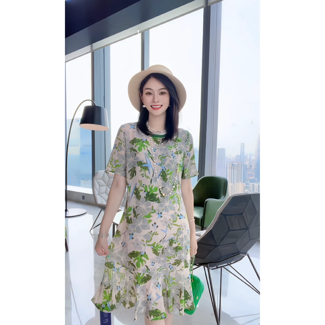 【深圳米熙儿】绿意盎然——100%桑蚕丝休闲莫奈花园风女装连衣裙Q510