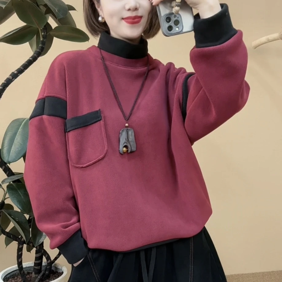 24108冬季新款双面奥粒绒拼接撞色卫衣时尚休闲百搭加绒加厚韩版