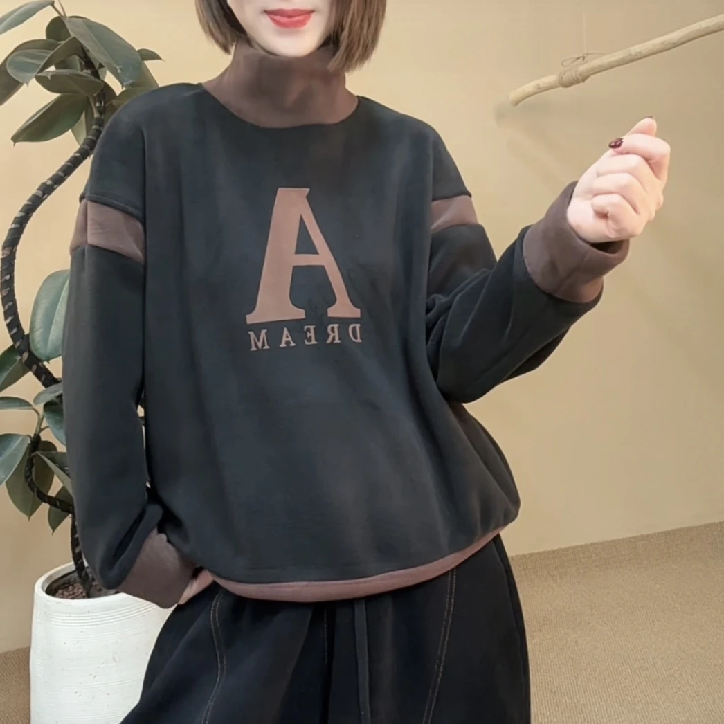 忆昔冬季新款双面奥粒绒加绒加厚拼接撞色保暖卫衣百搭