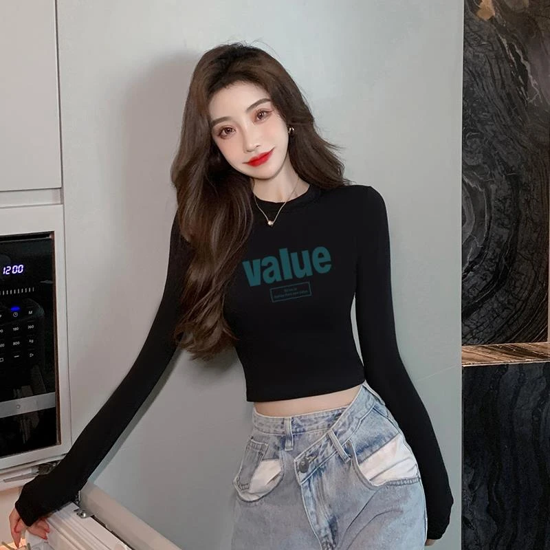 黑色长袖恤女短款高腰露脐秋冬内搭紧身百搭上衣印花辣妹打底衫