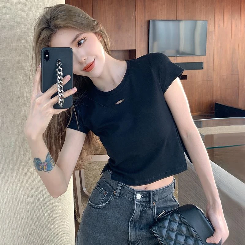 小个子黑色短款上衣女短袖潮夏新款修身高腰露脐破洞t恤insT恤