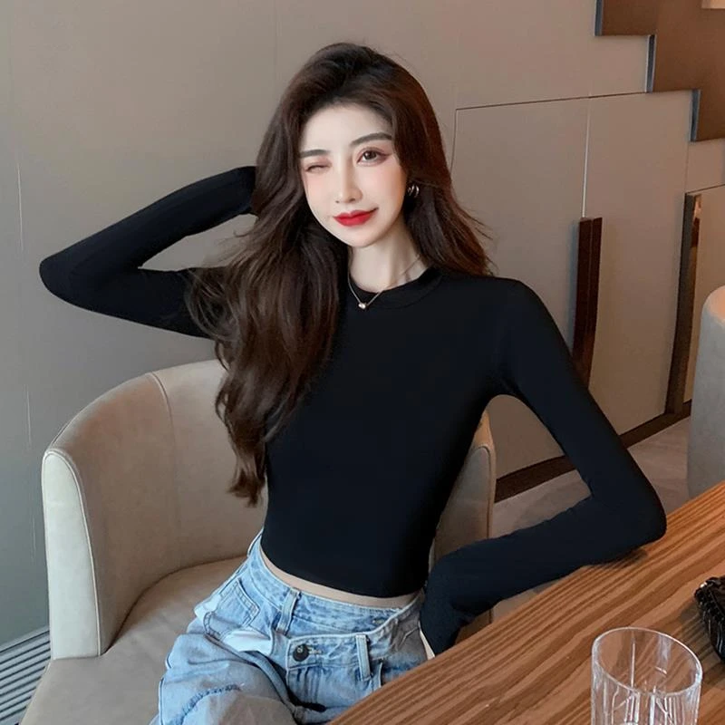 黑色半高领长袖打底衫女2023年新款修身短款露脐紧身百搭上衣秋冬