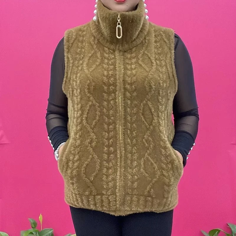 秋冬新款仿水貂绒马甲外套妈妈无袖坎肩毛衣针织双兜保暖背心女装