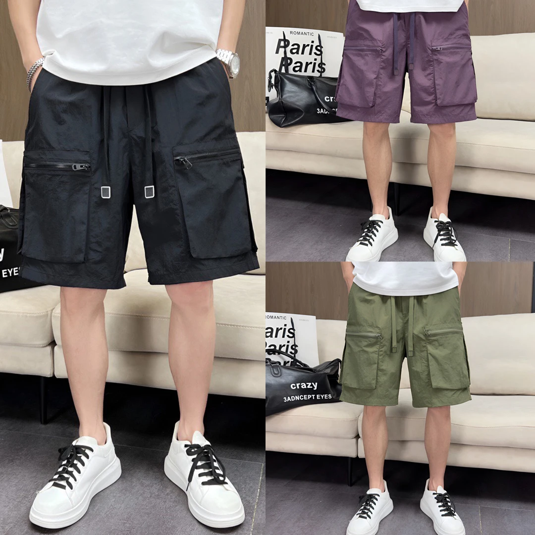 外穿男士休闲五分裤百搭直筒宽松多口袋简约纯色工装短裤速干轻薄