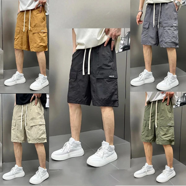 夏季男士休闲五分裤百搭直筒宽松多口袋简约纯色工装外穿速干轻薄