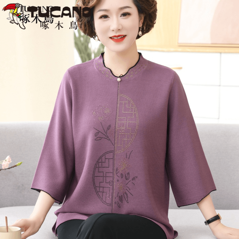 啄木鳥啄木鸟秋季七分袖冰丝针织衫春秋T恤大码时尚妈妈装遮肚宽