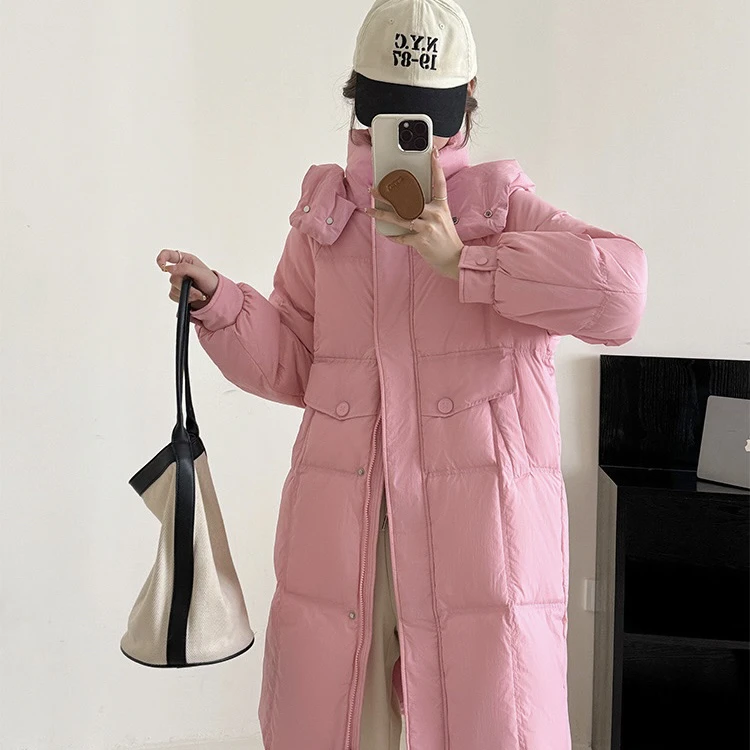 M扣中长款羽绒服2024新款韩版宽松百搭时尚连帽白鸭绒羽绒外套