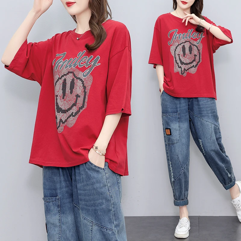 2024夏季新款印花短袖T恤+水洗爆款牛仔哈伦裤两件套广场舞套装女