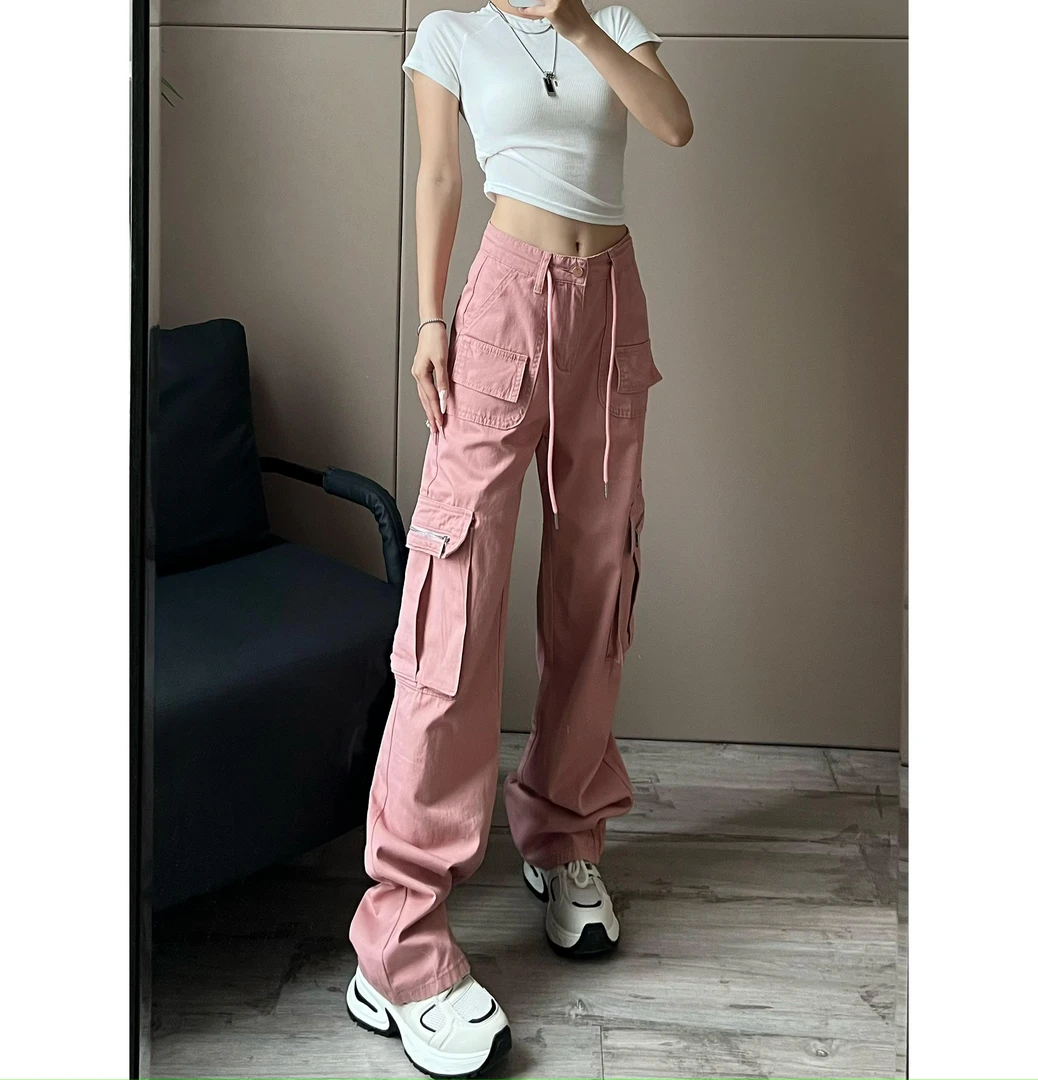 2025新款美式高街工装裤女复古高腰直筒修身显瘦休闲工装裤-8330