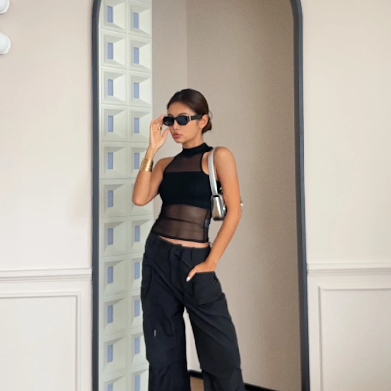 小野熊 辣妹INS风半高领网纱无袖挂脖背心X24B0591