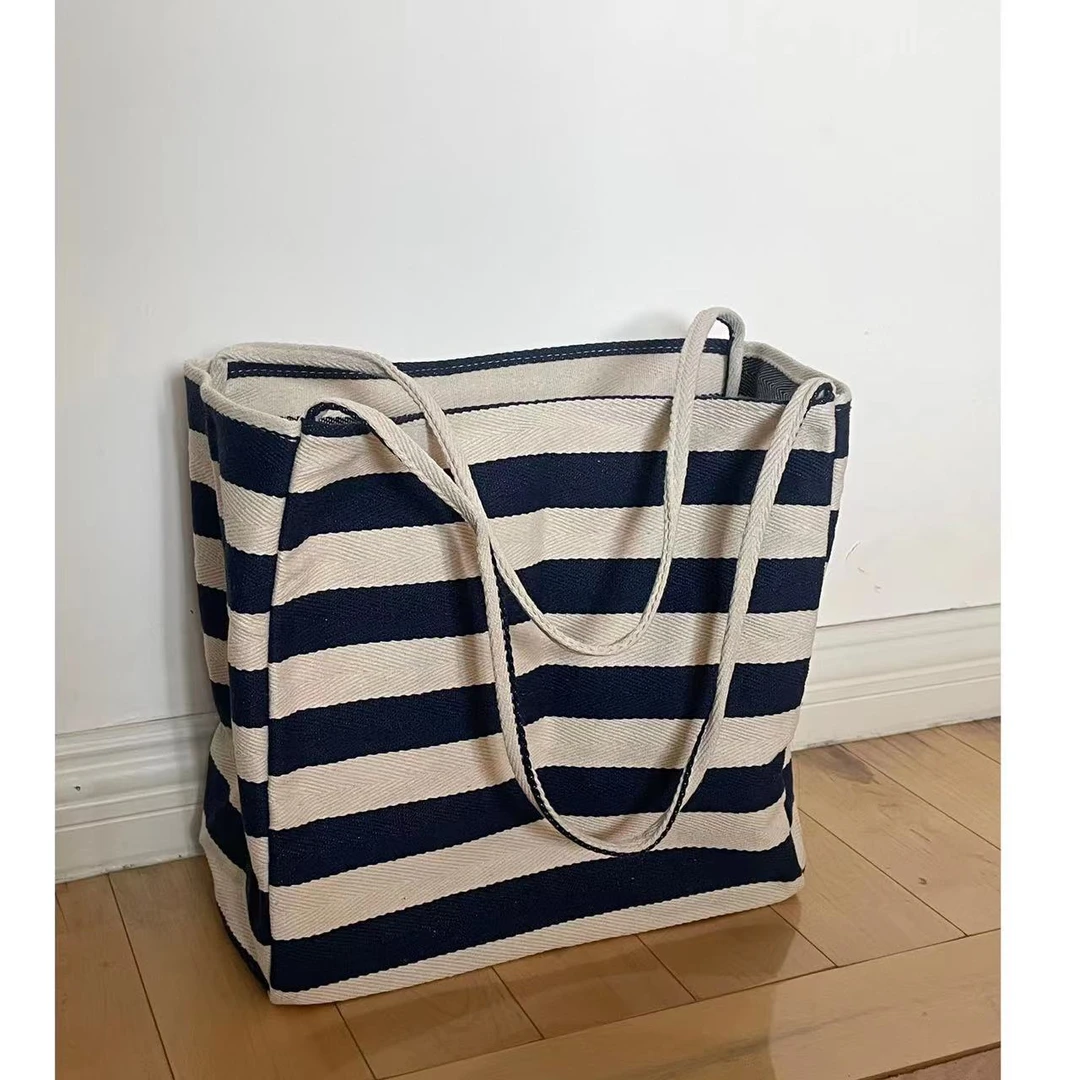 小野熊 文艺撞色条纹休闲帆布包手提包Z24S0397