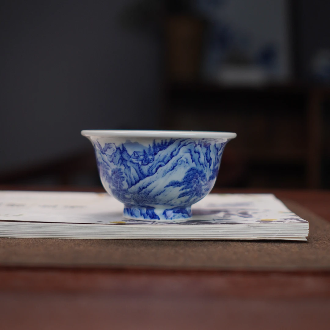 禄意窑青花山水压手杯主人杯手绘全手工