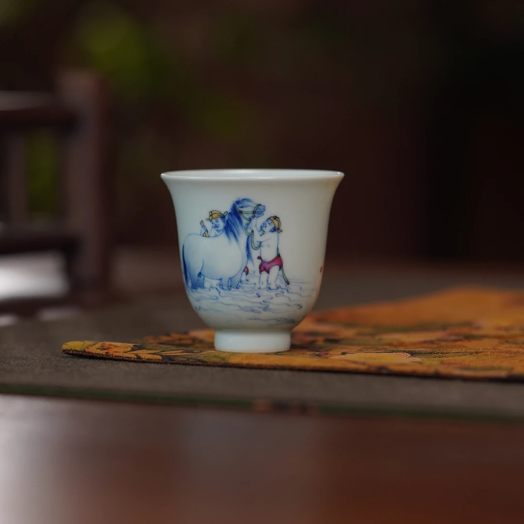 禄意窑青花浴马图斗彩品杯纯手工手绘主人杯陶瓷茶具