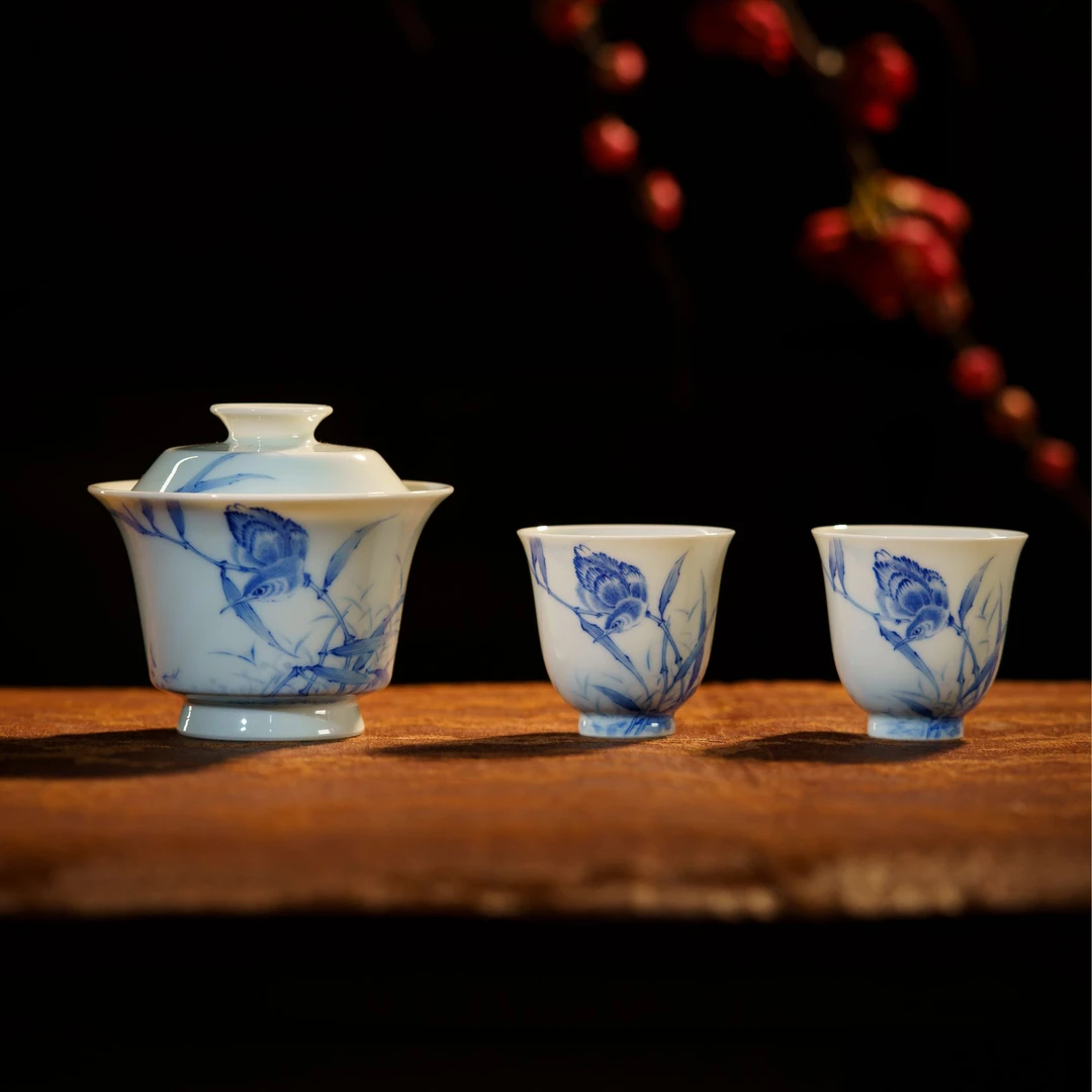 禄意窑青花单翠礼品盖碗客杯景德镇全手工手绘茶具陶瓷中式