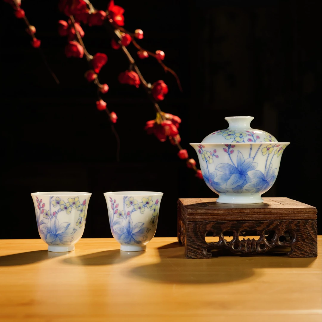 禄意窑青花斗彩蝴蝶兰礼品盖碗客杯纯手工手绘茶具陶瓷中式