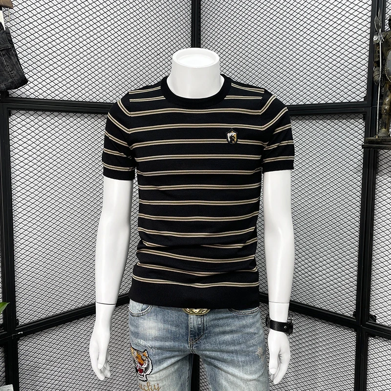 男士条纹短袖T恤2025新款时尚潮流针织半袖夏季潮牌修身休闲打底