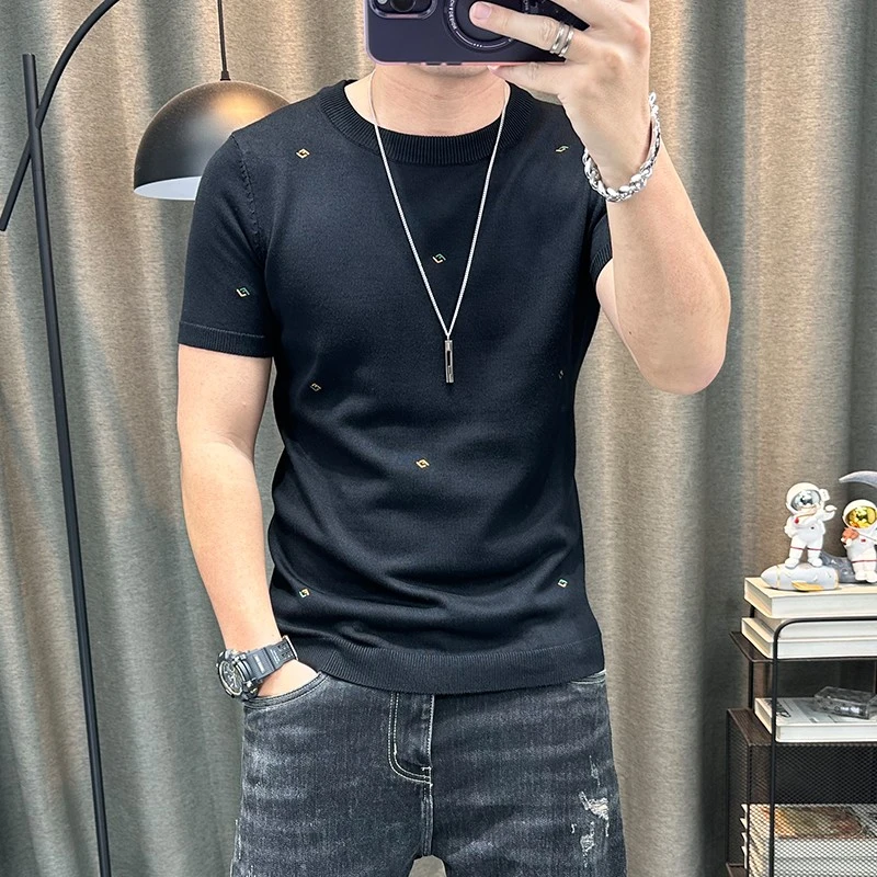 短袖毛衣男秋冬百搭弹力紧身半截袖男装上衣圆领修身半袖针织衫潮