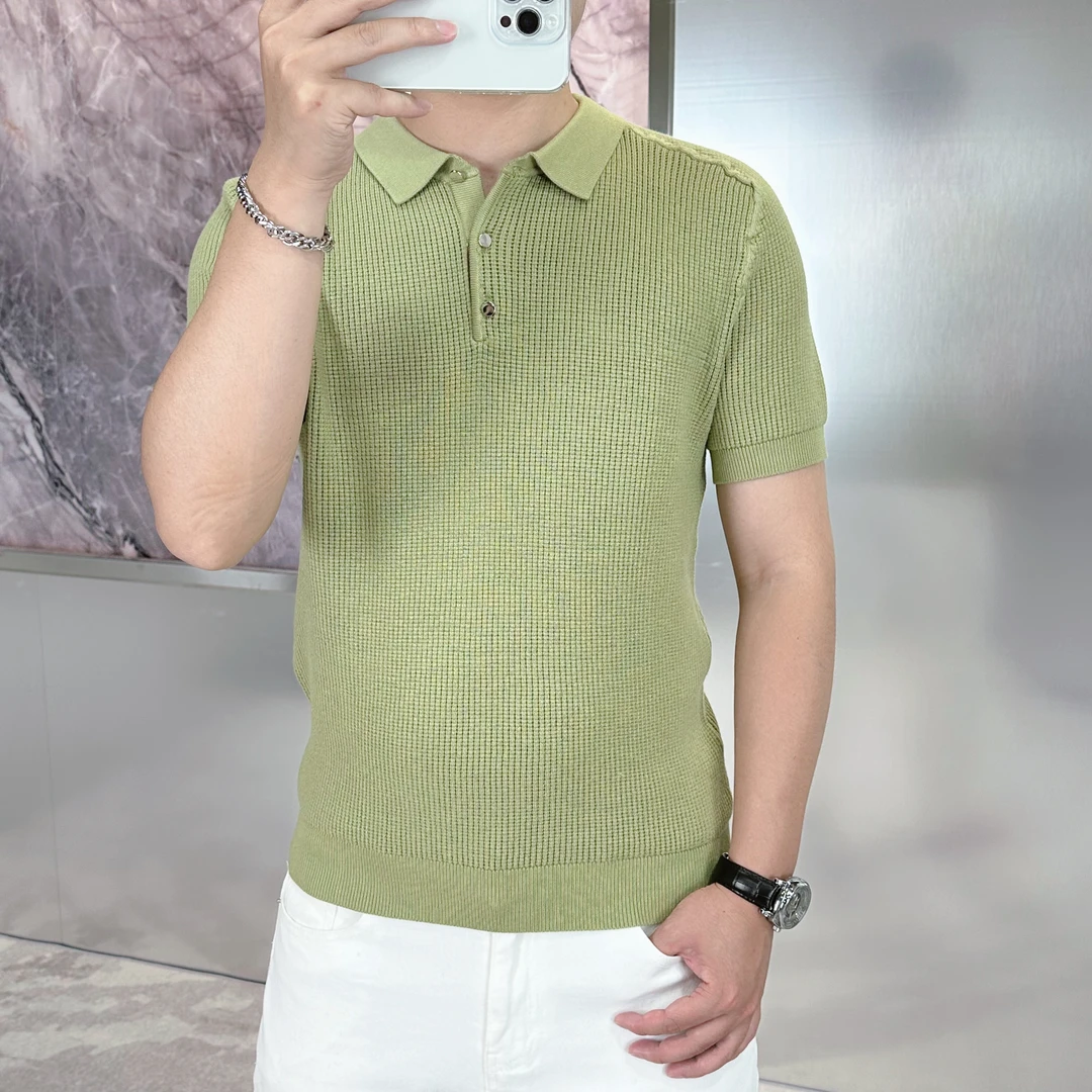 2025夏潮牌时尚帅气修身纯色提花翻领polo衫伊力特针织短袖t恤男