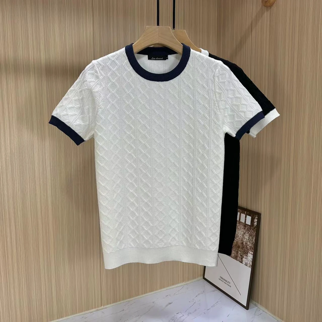 男士圆领提花短袖针织衫韩版修身潮流青年线衫痞帅个性针织打底衫