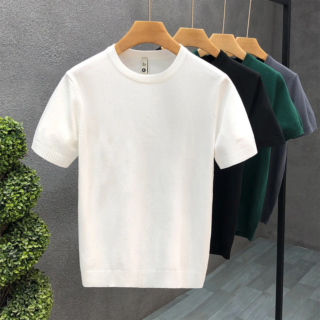 针织型短袖毛衣男春秋针织半袖毛衣男士白色内搭单穿修身打底上衣