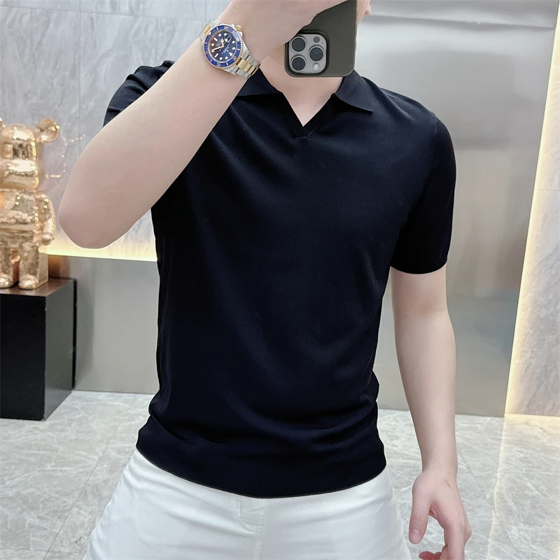 2025早秋新款简约百搭针织衫翻领短袖修身T恤男潮半袖打底针织衫