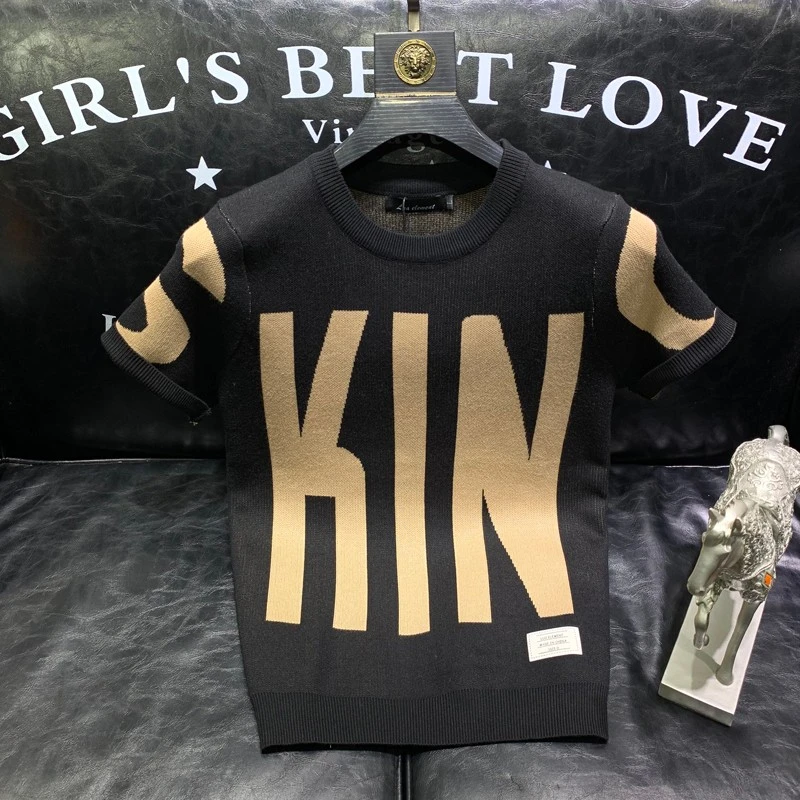 男士提花字母短袖毛衣冬季新款时尚潮牌修身圆领套头针织半袖毛衫