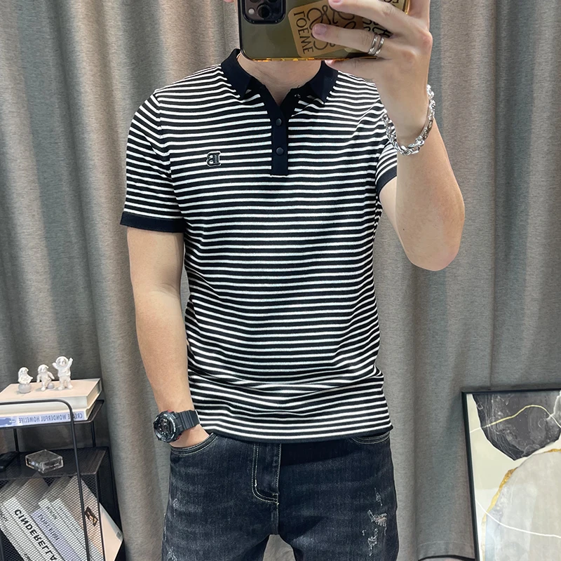 条纹短袖针织polo衫男青年打底针织衫修身弹力紧身衣服毛线衣上衣