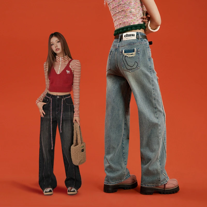 CHUU冬季女装撞色彩虹线磨破做旧水洗直筒高腰牛仔裤