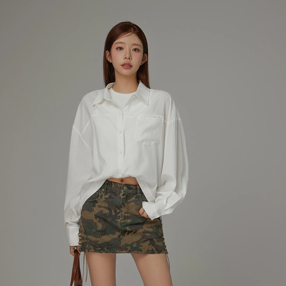 CHUU夏季女装假两件设计字母刺绣气质款拼接设计显瘦衬衫