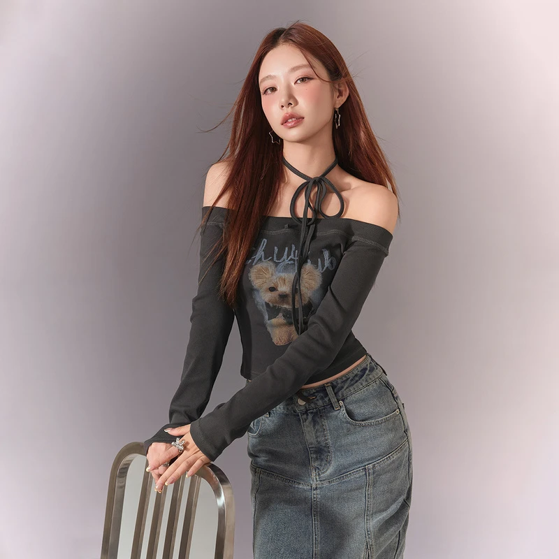 CHUU春季女装挂脖一字肩设计系带百搭辣妹穿搭甜辣风T恤
