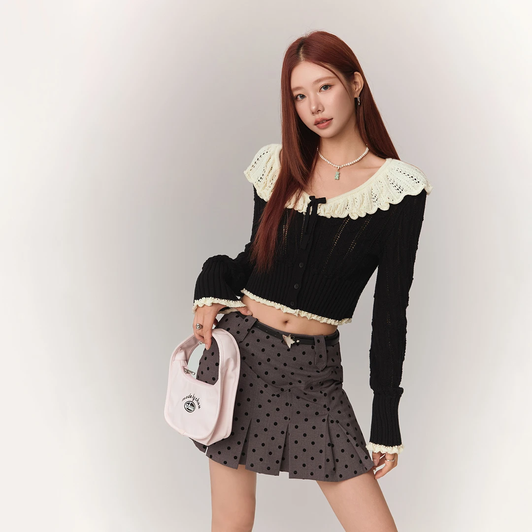 CHUU木耳边针织衫女2024年冬季新品撞色拼接镂空开衫高级感上衣