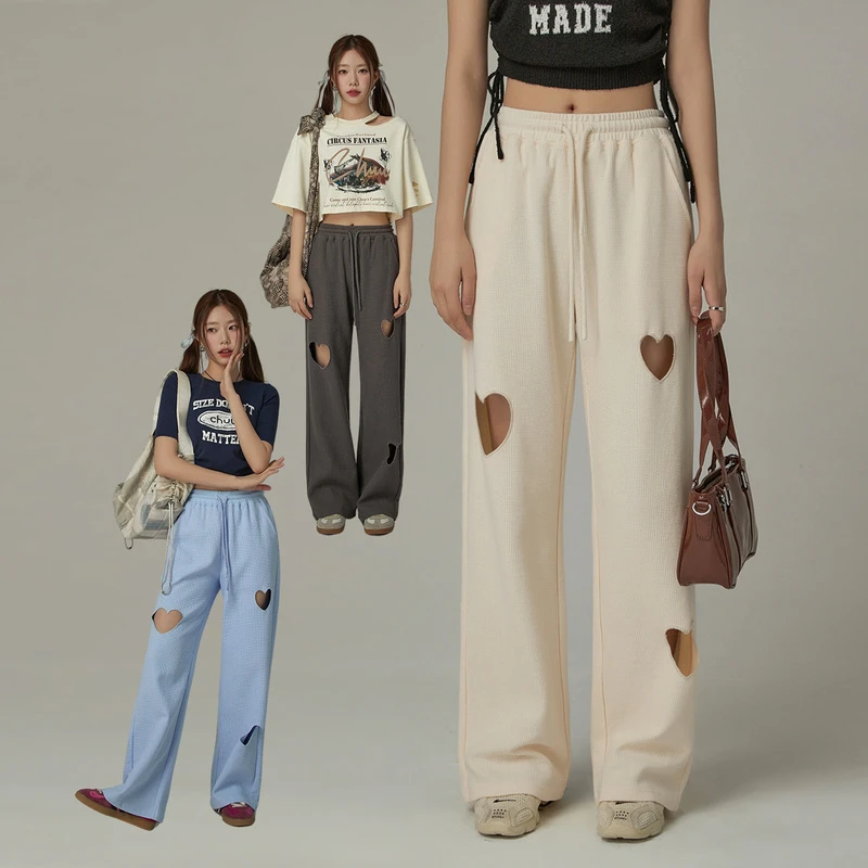 CHUU夏季女装镂空甜辣爱心设计百搭高腰松紧显瘦休闲裤