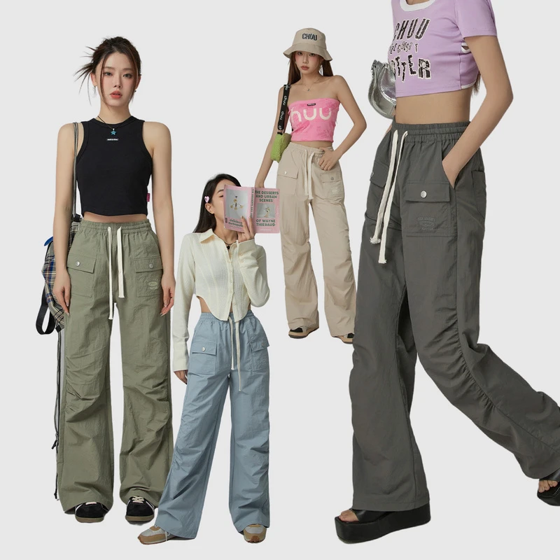 CHUU工装显瘦褶皱松紧腰阔腿长裤甜辣风显筒休闲裤登山