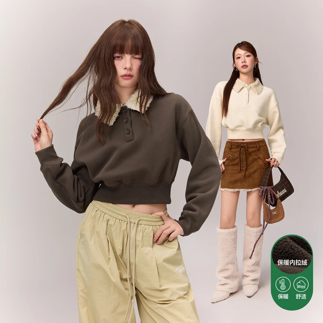 CHUU冬季女装仿羊羔毛拼接设计学院风polo领加绒长袖卫衣