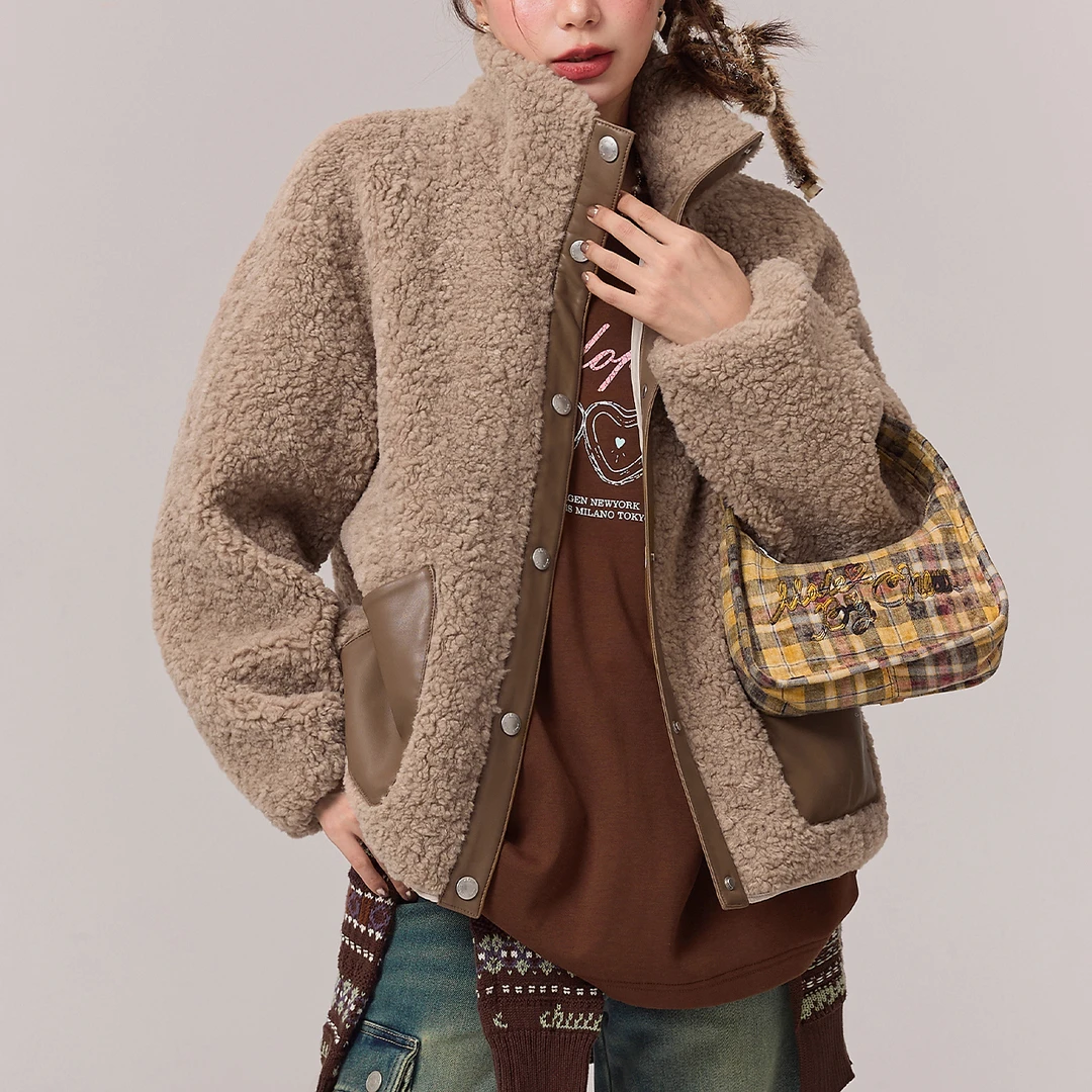 CHUU冬季女装拼接单排扣毛茸茸保暖长袖韩系保暖气质百搭外套