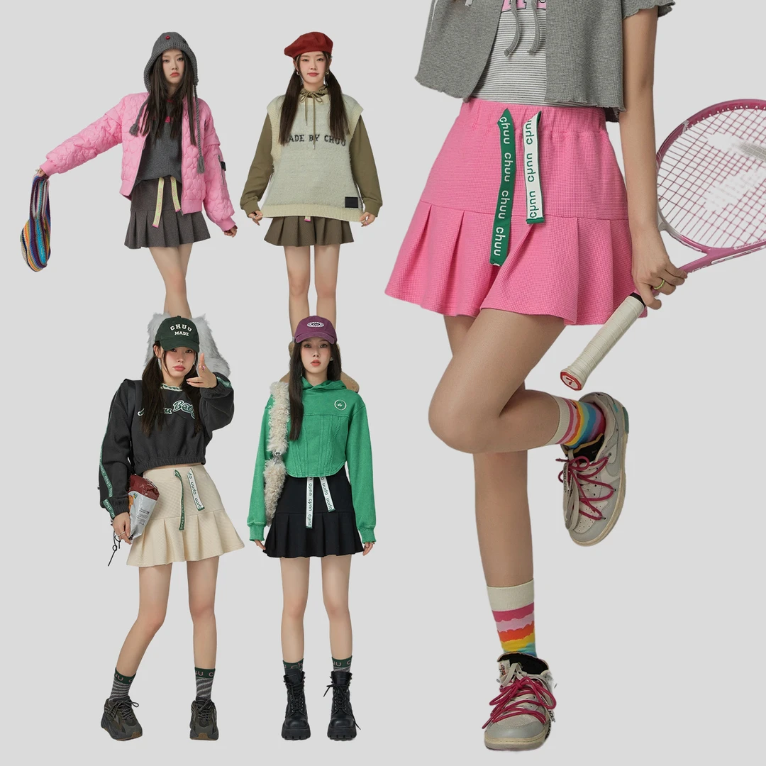 CHUUa字百褶鱼尾高腰短裙子显瘦高腰透气时尚秋季个性半身裙