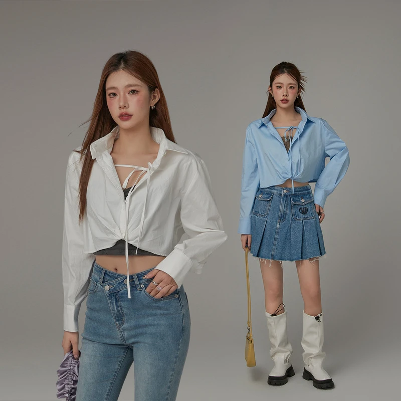 CHUU春季女装系带设计长袖翻领纯欲风设计感薄荷曼波显瘦百搭衬衫