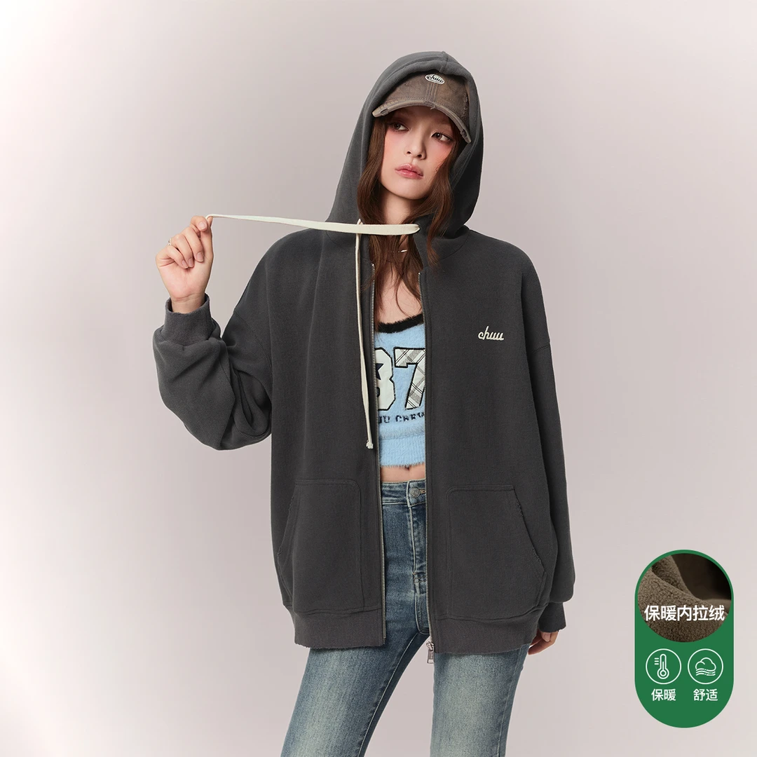 CHUU秋冬女装宽松版设计拉链式抽绳连帽休闲风街头风卫衣外套