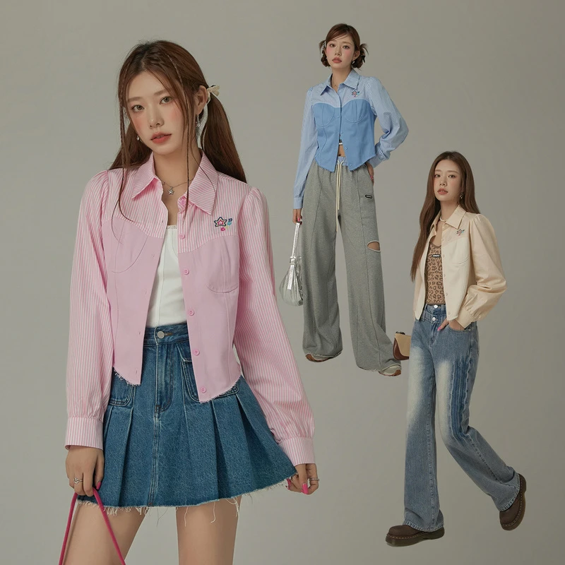 CHUU春季牛仔女装条纹轻职场百搭设计感甜辣减龄衬衫丹宁风外套