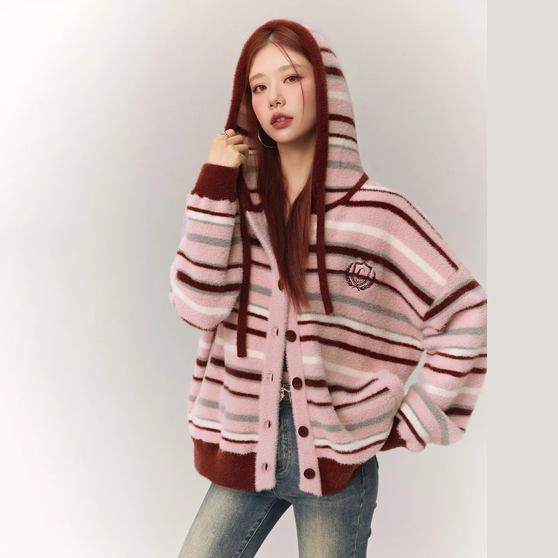 CHUU秋冬女装条纹元素设计连帽抽绳慵懒感百搭个性高级感针织衫