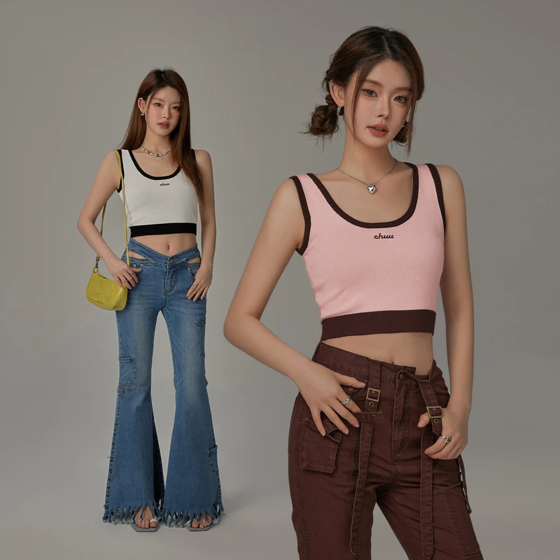 CHUU夏季女装刺绣字母设计小香风撞色拼接感百搭显瘦个性背心