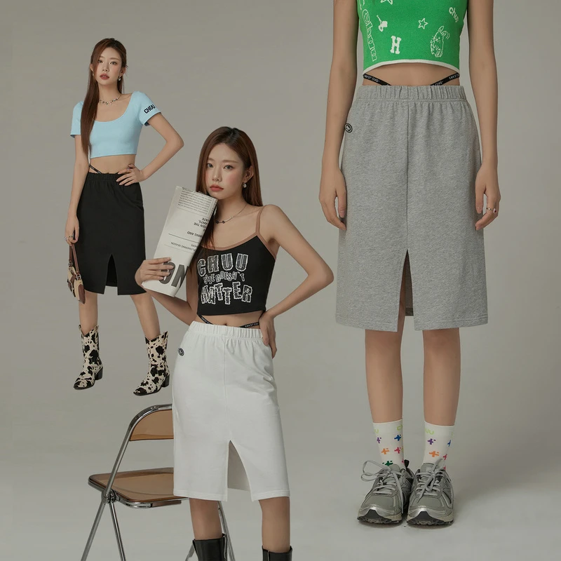 CHUU夏季女装高腰开叉设计感A字版简约小众个性百搭中长款半身裙