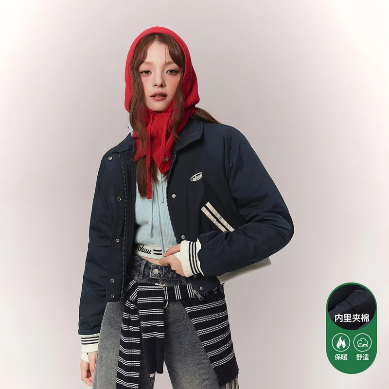 CHUU冬季女装字母刺绣设计长袖夹棉加厚撞色学院风穿搭棉服