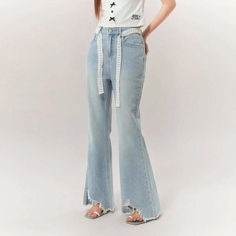 CHUU夏季女装磨破毛边微喇牛仔裤蕾丝设计磨破阔腿韩系女孩牛仔裤